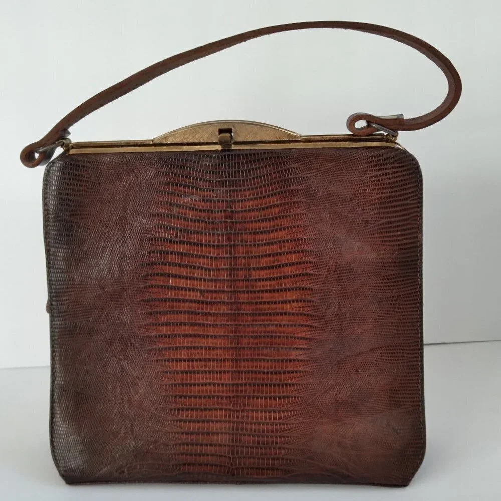 Vintage 1950's/60's Brown Lizard Structured Satchel Handbag